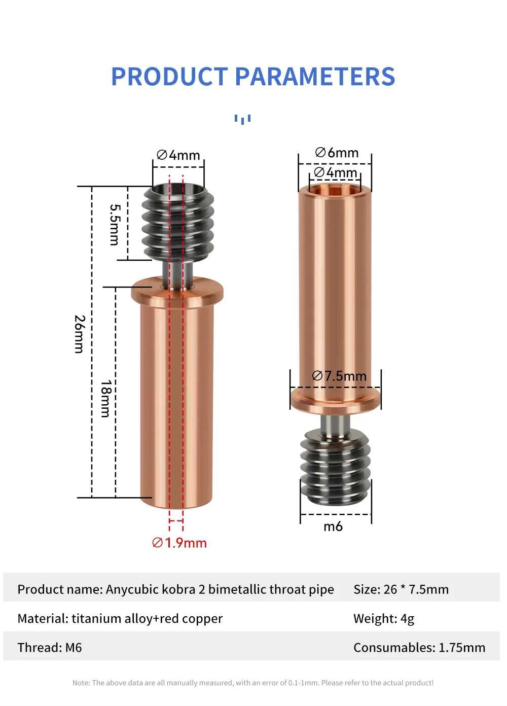 Bimetal Copper-Titanium Heatbreak Throat Upgrade for ANYCUBIC Kobra 2 Neo, Pro, Max & Plus Hotends